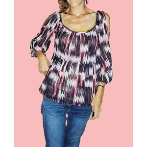 Sweet Pea ~ Black Pink White Ikat Cold Shoulder Sheer Top ~ Size Small